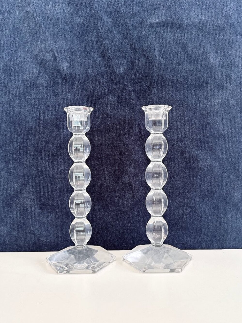 PAIR OF VAL ST. LAMBERT CRYSTAL BERLAYMONT CANDLESTICKS BELGIUM